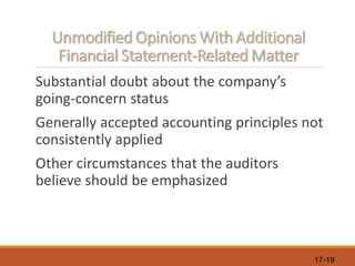 17-19
Unmodified Opinions With Additional
Financial Statement-Related Matter
Substantial doubt about the company’s
going-concern status
Generally accepted accounting principles not
consistently applied
Other circumstances that the auditors
believe should be emphasized
 