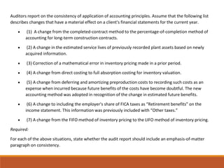 Auditors report on the consistency of application of accounting principles. Assume that the following list
describes changes that have a material effect on a client's financial statements for the current year.
• (1) A change from the completed-contract method to the percentage-of-completion method of
accounting for long-term construction contracts.
• (2) A change in the estimated service lives of previously recorded plant assets based on newly
acquired information.
• (3) Correction of a mathematical error in inventory pricing made in a prior period.
• (4) A change from direct costing to full absorption costing for inventory valuation.
• (5) A change from deferring and amortizing preproduction costs to recording such costs as an
expense when incurred because future benefits of the costs have become doubtful. The new
accounting method was adopted in recognition of the change in estimated future benefits.
• (6) A change to including the employer's share of FICA taxes as “Retirement benefits” on the
income statement. This information was previously included with “Other taxes.”
• (7) A change from the FIFO method of inventory pricing to the LIFO method of inventory pricing.
Required:
For each of the above situations, state whether the audit report should include an emphasis-of-matter
paragraph on consistency.
 