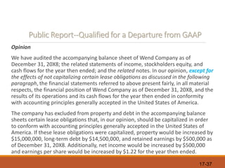 17-37
Public Report--Qualified for a Departure from GAAP
Opinion
We have audited the accompanying balance sheet of Wend Company as of
December 31, 20X8; the related statements of income, stockholders equity, and
cash flows for the year then ended; and the related notes. In our opinion, except for
the effects of not capitalizing certain lease obligations as discussed in the following
paragraph, the financial statements referred to above present fairly, in all material
respects, the financial position of Wend Company as of December 31, 20X8, and the
results of its operations and its cash flows for the year then ended in conformity
with accounting principles generally accepted in the United States of America.
The company has excluded from property and debt in the accompanying balance
sheets certain lease obligations that, in our opinion, should be capitalized in order
to conform with accounting principles generally accepted in the United States of
America. If these lease obligations were capitalized, property would be increased by
$15,000,000, long-term debt by $14,500,000, and retained earnings by $500,000 as
of December 31, 20X8. Additionally, net income would be increased by $500,000
and earnings per share would be increased by $1.22 for the year then ended.
 