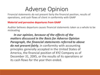 Adverse Opinion
Financial statements do not present fairly the financial position, results of
operations, and cash flows of client in conformity with GAAP
Material and pervasive departures from GAAP
Auditor believes departure causes financial statements taken as a whole to be
misleading
 