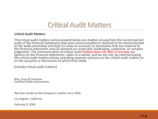 17-8
Critical Audit Matters
Critical Audit Matters
The critical audit matters communicated below are matters arising from the current period
audit of the financial statements that were communicated or required to be communicated
to the audit committee and that (1) relate to accounts or disclosures that are material to
the financial statements and (2) involved our especially challenging, subjective, or complex
judgments. The communication of critical audit matters does not alter in any way our
opinion on the financial statements, taken as a whole, and we are not, by communicating
the critical audit matters below, providing separate opinions on the critical audit matters or
on the accounts or disclosures to which they relate.
[Include critical audit matters]
Blue, Gray & Company
Certified Public Accountants
We have served as the Company’s auditor since 20X0.
Los Angeles, California
February 9, 20X8
 