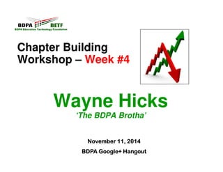 Chapter Building 
Workshop – Week #4 
Wayne Hicks 
‘The BDPA Brotha’ 
NNNNoooovvvveeeemmmmbbbbeeeerrrr 11111111,,,, 2222000011114444 
BBBBDDDDPPPPAAAA GGGGoooooooogggglllleeee++++ HHHHaaaannnnggggoooouuuutttt 
 