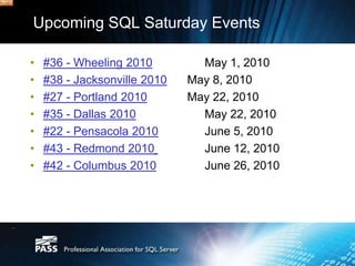 Free Virtual Learning for May 2010You Got XML In My Database? What's Up With That? App Dev Virtual Chapter  May 11, 12-1pm ETIndexing GuidelinesDBA Virtual Chapter, May 12, 3:00pm ET12 Key Development AreasProfessional Development Virtual Chapter, May 13, 1:00pm ETExtract, Transform & Load Your Data WarehouseBI Virtual Chapter, May 14, 12:00pm ETIntroduction to SQL Server ProfilerApp Dev Virtual Chapter  May 25, 8-9am ET