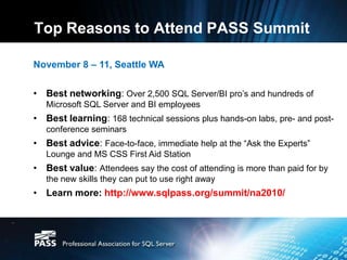 November 8 - 11 | Seattle WA The Premier Conference for SQL Server Professionalswww.sqlpass.org/na2010