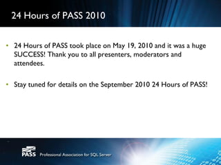 24 Hours of PASS 2010


• 24 Hours of PASS took place on May 19, 2010 and it was a huge
  SUCCESS! Thank you to all presenters, moderators and
  attendees.

• Stay tuned for details on the September 2010 24 Hours of PASS!
 