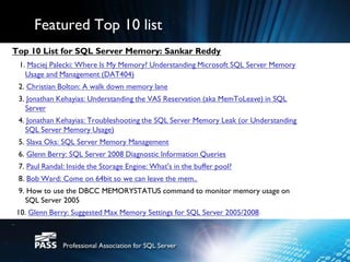 Featured Top 10 list
Top 10 List for SQL Server Memory: Sankar Reddy
 1. Maciej Palecki: Where Is My Memory? Understanding Microsoft SQL Server Memory
   Usage and Management (DAT404)
 2. Christian Bolton: A walk down memory lane
 3. Jonathan Kehayias: Understanding the VAS Reservation (aka MemToLeave) in SQL
   Server
 4. Jonathan Kehayias: Troubleshooting the SQL Server Memory Leak (or Understanding
   SQL Server Memory Usage)
 5. Slava Oks: SQL Server Memory Management
 6. Glenn Berry: SQL Server 2008 Diagnostic Information Queries
 7. Paul Randal: Inside the Storage Engine: What's in the buffer pool?
 8. Bob Ward: Come on 64bit so we can leave the mem..
 9. How to use the DBCC MEMORYSTATUS command to monitor memory usage on
   SQL Server 2005
10. Glenn Berry: Suggested Max Memory Settings for SQL Server 2005/2008
 