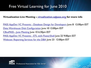 Free Virtual Learning for June 2010

Virtualization Live Meeting – virualization.sqlpass.org for more info


PASS AppDev VC Presents - Database Design for Developers June 8 12:00pm EST
Data Warehouse Disk Configuration June 10 12:00pm EST
CBusPASS - June Meeting June 10 6:30pm EST
PASS AppDev VC Presents - ETL with PowerShell June 22 9:00pm EST
Webcast: Reporting Services for the DBA June 23 12:00pm EST
 