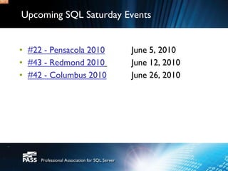 Upcoming SQL Saturday Events


• #22 - Pensacola 2010   June 5, 2010
• #43 - Redmond 2010     June 12, 2010
• #42 - Columbus 2010    June 26, 2010
 