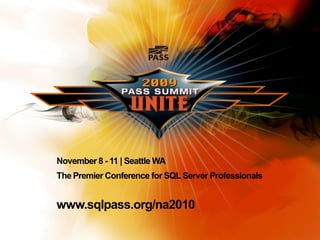 November 8 - 11 | Seattle WA
The Premier Conference for SQL Server Professionals


www.sqlpass.org/na2010
 