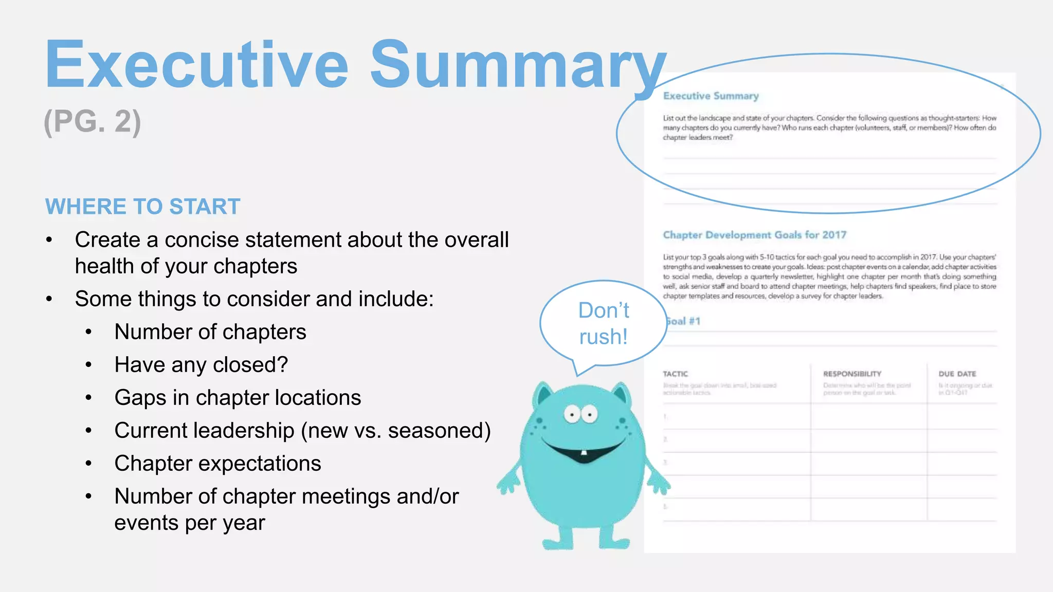 Executive Summary
(PG. 2)
WHERE TO START
• Create a concise statement about the overall
health of your chapters
• Some things to consider and include:
• Number of chapters
• Have any closed?
• Gaps in chapter locations
• Current leadership (new vs. seasoned)
• Chapter expectations
• Number of chapter meetings and/or
events per year
Don’t
rush!
 