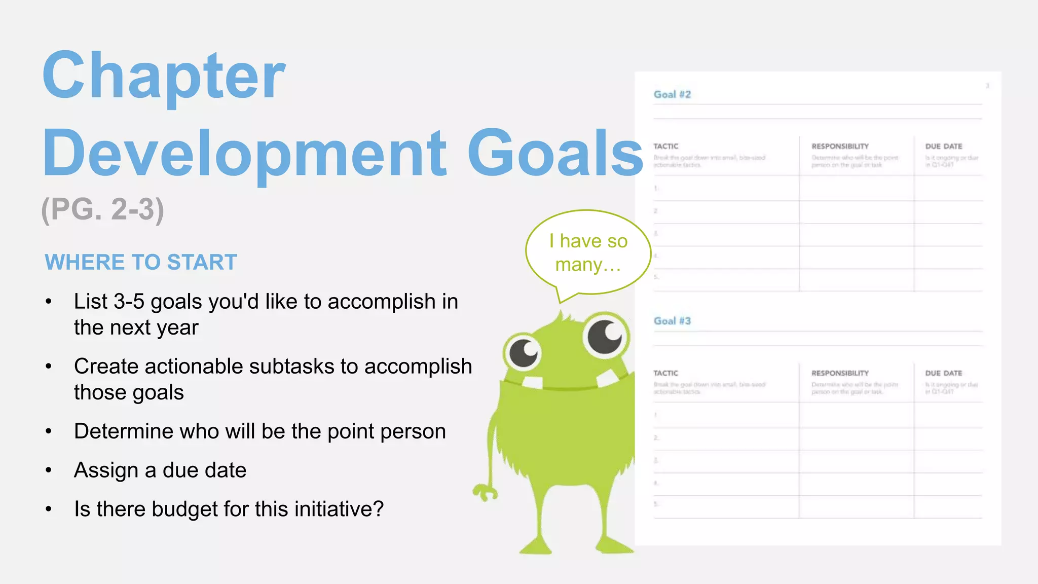 Chapter
Development Goals
(PG. 2-3)
WHERE TO START
• List 3-5 goals you'd like to accomplish in
the next year
• Create actionable subtasks to accomplish
those goals
• Determine who will be the point person
• Assign a due date
• Is there budget for this initiative?
I have so
many…
 