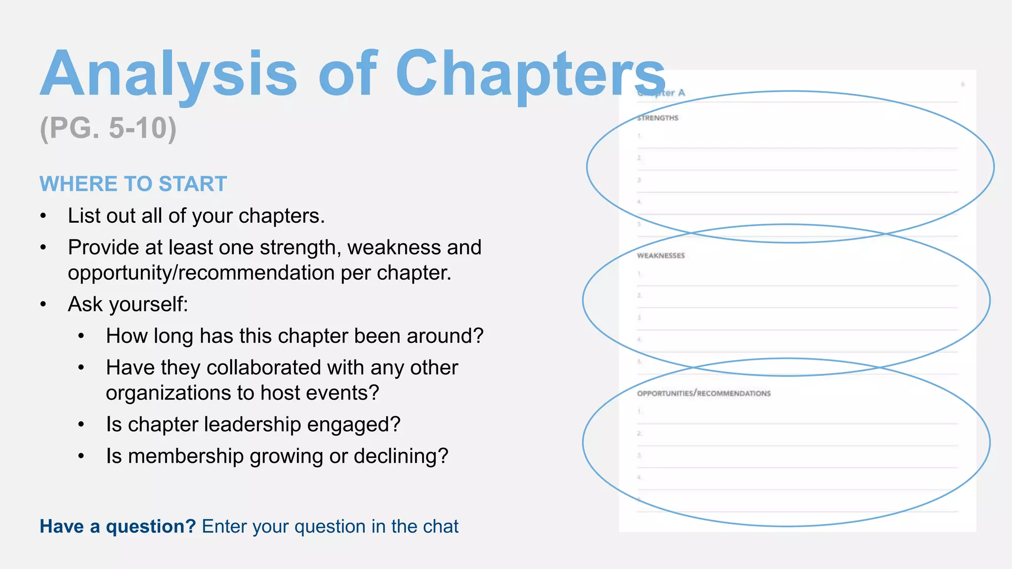 Analysis of Chapters
(PG. 5-10)
WHERE TO START
• List out all of your chapters.
• Provide at least one strength, weakness and
opportunity/recommendation per chapter.
• Ask yourself:
• How long has this chapter been around?
• Have they collaborated with any other
organizations to host events?
• Is chapter leadership engaged?
• Is membership growing or declining?
Have a question? Enter your question in the chat
 