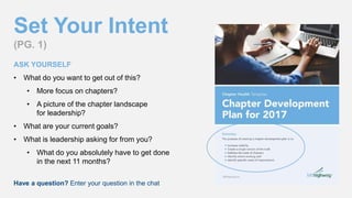 Set Your Intent
(PG. 1)
ASK YOURSELF
• What do you want to get out of this?
• More focus on chapters?
• A picture of the chapter landscape
for leadership?
• What are your current goals?
• What is leadership asking for from you?
• What do you absolutely have to get done
in the next 11 months?
Have a question? Enter your question in the chat
 