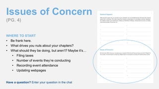 Issues of Concern
(PG. 4)
WHERE TO START
• Be frank here.
• What drives you nuts about your chapters?
• What should they be doing, but aren’t? Maybe it’s…
• Filing taxes
• Number of events they’re conducting
• Recording event attendance
• Updating webpages
Have a question? Enter your question in the chat
 