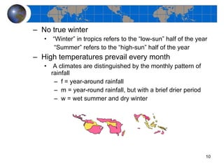 No true winter “ Winter” in tropics refers to the “low-sun” half of the year “ Summer” refers to the “high-sun” half of the year High temperatures prevail every month A climates are distinguished by the monthly pattern of rainfall f = year-around rainfall m = year-round rainfall, but with a brief drier period w = wet summer and dry winter 