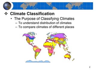 Climate Classification The Purpose of Classifying Climates To understand distribution of climates To compare climates of different places 