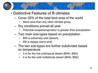Distinctive Features of B climates Cover 30% of the total land area of the world More area than any other climate group Dry conditions prevail all year Potential evapotranspiration is greater than precipitation Two main sub-types based on precipitation BW is extremely arid (desert) BS is steppe (semi-arid) The two sub-types are further subdivided based on temperature h is for the hot subtropical desert (BWh, BSh) k is for the cold midlatitude desert (BWk, BSk) 
