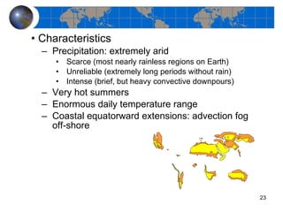 Characteristics Precipitation: extremely arid Scarce (most nearly rainless regions on Earth) Unreliable (extremely long periods without rain) Intense (brief, but heavy convective downpours) Very hot summers Enormous daily temperature range Coastal equatorward extensions: advection fog off-shore 