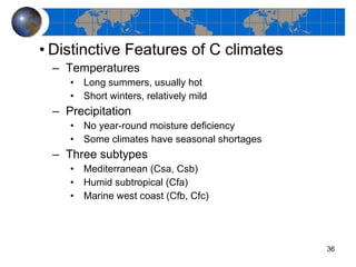 Distinctive Features of C climates Temperatures Long summers, usually hot Short winters, relatively mild Precipitation No year-round moisture deficiency Some climates have seasonal shortages Three subtypes Mediterranean (Csa, Csb) Humid subtropical (Cfa) Marine west coast (Cfb, Cfc) 