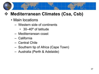 Mediterranean Climates (Csa, Csb) Main locations Western side of continents 30–40º of latitude Mediterranean coast California Central Chile Southern tip of Africa (Cape Town) Australia (Perth & Adelaide) 
