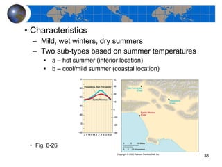 Characteristics Mild, wet winters, dry summers Two sub-types based on summer temperatures a – hot summer (interior location) b – cool/mild summer (coastal location) Fig. 8-26 