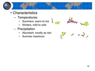Characteristics Temperatures Summers, warm to hot Winters, mild to cold Precipitation Abundant, mostly as rain Summer maximum 