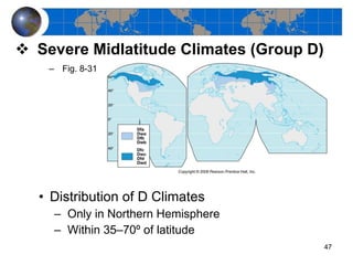 Severe Midlatitude Climates (Group D) Fig. 8-31 Distribution of D Climates Only in Northern Hemisphere Within 35 –70º of latitude 