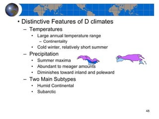 Distinctive Features of D climates Temperatures Large annual temperature range Continentality Cold winter, relatively short summer Precipitation Summer maxima Abundant to meager amounts Diminishes toward inland and poleward Two Main Subtypes Humid Continental Subarctic 