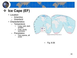Ice Cape (EF) Location Antarctica Greenland Characteristics Temperature Long, cold, dark winters Cold, windy summers Precipitation Very sparse, all snow Fig. 8-36 