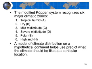The modified  K öppen system recognizes six major climatic zones: Tropical humid (A) Dry (B) Mild midlatitude (C) Severe midlatitude (D) Polar (E) Highland (H) A model of climate distribution on a hypothetical continent helps use predict what the climate should be like at a particular location. 