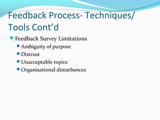 Feedback Process- Techniques/
Tools Cont’d
Feedback Survey Limitations
Ambiguity of purpose
Distrust
Unacceptable topics
Organisational disturbances
 