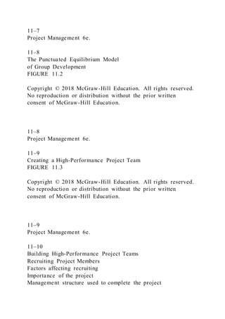 11–7
Project Management 6e.
11–8
The Punctuated Equilibrium Model
of Group Development
FIGURE 11.2
Copyright © 2018 McGraw-Hill Education. All rights reserved.
No reproduction or distribution without the prior written
consent of McGraw-Hill Education.
11–8
Project Management 6e.
11–9
Creating a High-Performance Project Team
FIGURE 11.3
Copyright © 2018 McGraw-Hill Education. All rights reserved.
No reproduction or distribution without the prior written
consent of McGraw-Hill Education.
11–9
Project Management 6e.
11–10
Building High-Performance Project Teams
Recruiting Project Members
Factors affecting recruiting
Importance of the project
Management structure used to complete the project
 