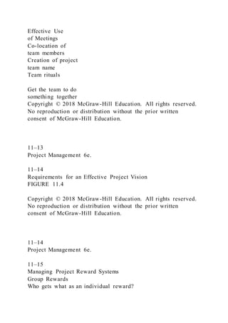 Effective Use
of Meetings
Co-location of
team members
Creation of project
team name
Team rituals
Get the team to do
something together
Copyright © 2018 McGraw-Hill Education. All rights reserved.
No reproduction or distribution without the prior written
consent of McGraw-Hill Education.
11–13
Project Management 6e.
11–14
Requirements for an Effective Project Vision
FIGURE 11.4
Copyright © 2018 McGraw-Hill Education. All rights reserved.
No reproduction or distribution without the prior written
consent of McGraw-Hill Education.
11–14
Project Management 6e.
11–15
Managing Project Reward Systems
Group Rewards
Who gets what as an individual reward?
 