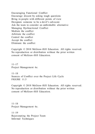 Encouraging Functional Conflict
Encourage dissent by asking tough questions
Bring in people with different points of view
Designate someone to be a devil’s advocate
Ask the team to consider an unthinkable alternative
Managing Dysfunctional Conflict
Mediate the conflict
Arbitrate the conflict
Control the conflict
Accept the conflict
Eliminate the conflict
Copyright © 2018 McGraw-Hill Education. All rights reserved.
No reproduction or distribution without the prior written
consent of McGraw-Hill Education.
11–17
Project Management 6e.
11–18
Sources of Conflict over the Project Life Cycle
FIGURE 11.5
Copyright © 2018 McGraw-Hill Education. All rights reserved.
No reproduction or distribution without the prior written
consent of McGraw-Hill Education.
11–18
Project Management 6e.
11–19
Rejuvenating the Project Team
Informal Techniques
 
