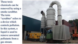 These toxic
chemicals can be
removed by using a
smoke scrubber.
The term
“scrubber” refers to
a device which
controls pollution.
In this system, a
liquid is used to
remove unwanted
pollutants from a
gas stream.
 