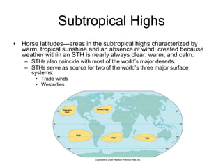 Subtropical Highs Horse latitudes—areas in the subtropical highs characterized by warm, tropical sunshine and an absence of wind; created because weather within an STH is nearly always clear, warm, and calm. STHs also coincide with most of the world’s major deserts. STHs serve as source for two of the world’s three major surface systems: Trade winds Westerlies 
