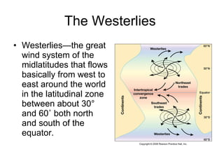 The Westerlies  Westerlies—the great wind system of the midlatitudes that flows basically from west to east around the world in the latitudinal zone between about 30° and 60˚ both north and south of the equator. 