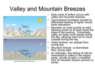 Valley and Mountain Breezes Daily cycle of airflow occurs with valley and mountain breezes. Convectional circulation caused by differential heating of higher versus lower elevations.  Mountain air cools quickly at night, allowing cooler air to drain down the slope in the evening.  Conversely, valley air heats more rapidly during the day, allowing warm air to move upslope during the day. Valley breeze—an upslope flow, during day. Mountain breeze—a downslope flow, during night. Air drainage—the sliding of cold air downslope to collect in the lowest spots, usually at night; a modified form of mountain breeze common in winter. 