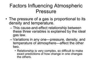 Factors Influencing Atmospheric Pressure The pressure of a gas is proportional to its density and temperature. This cause-and-effect relationship between these three variables is explained by the ideal gas law. Variations in any one—pressure, density, and temperature of atmosphere—affect the other two. Relationship is very complex, so difficult to make exact predictions of how change in one changes the others. 