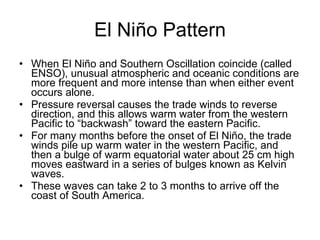 El Niño Pattern When El Niño and Southern Oscillation coincide (called ENSO), unusual atmospheric and oceanic conditions are more frequent and more intense than when either event occurs alone. Pressure reversal causes the trade winds to reverse direction, and this allows warm water from the western Pacific to “backwash” toward the eastern Pacific. For many months before the onset of El Niño, the trade winds pile up warm water in the western Pacific, and then a bulge of warm equatorial water about 25 cm high moves eastward in a series of bulges known as Kelvin waves. These waves can take 2 to 3 months to arrive off the coast of South America. 