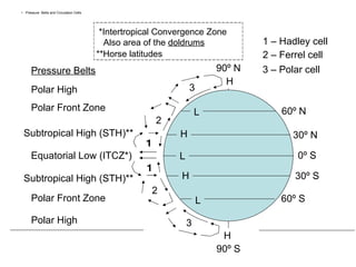 Pressure  Belts and Circulation Cells L Pressure Belts Equatorial Low (ITCZ*) *Intertropical Convergence Zone Also area of the  doldrums **Horse latitudes 90º S 90º N 30º N 30º S 60º S 60º N 0º S L L H H H H Subtropical High (STH)** Subtropical High (STH)** Polar Front Zone Polar Front Zone Polar High Polar High 1 1 1 – Hadley cell 2 2 2 – Ferrel cell 3 3 3 – Polar cell 