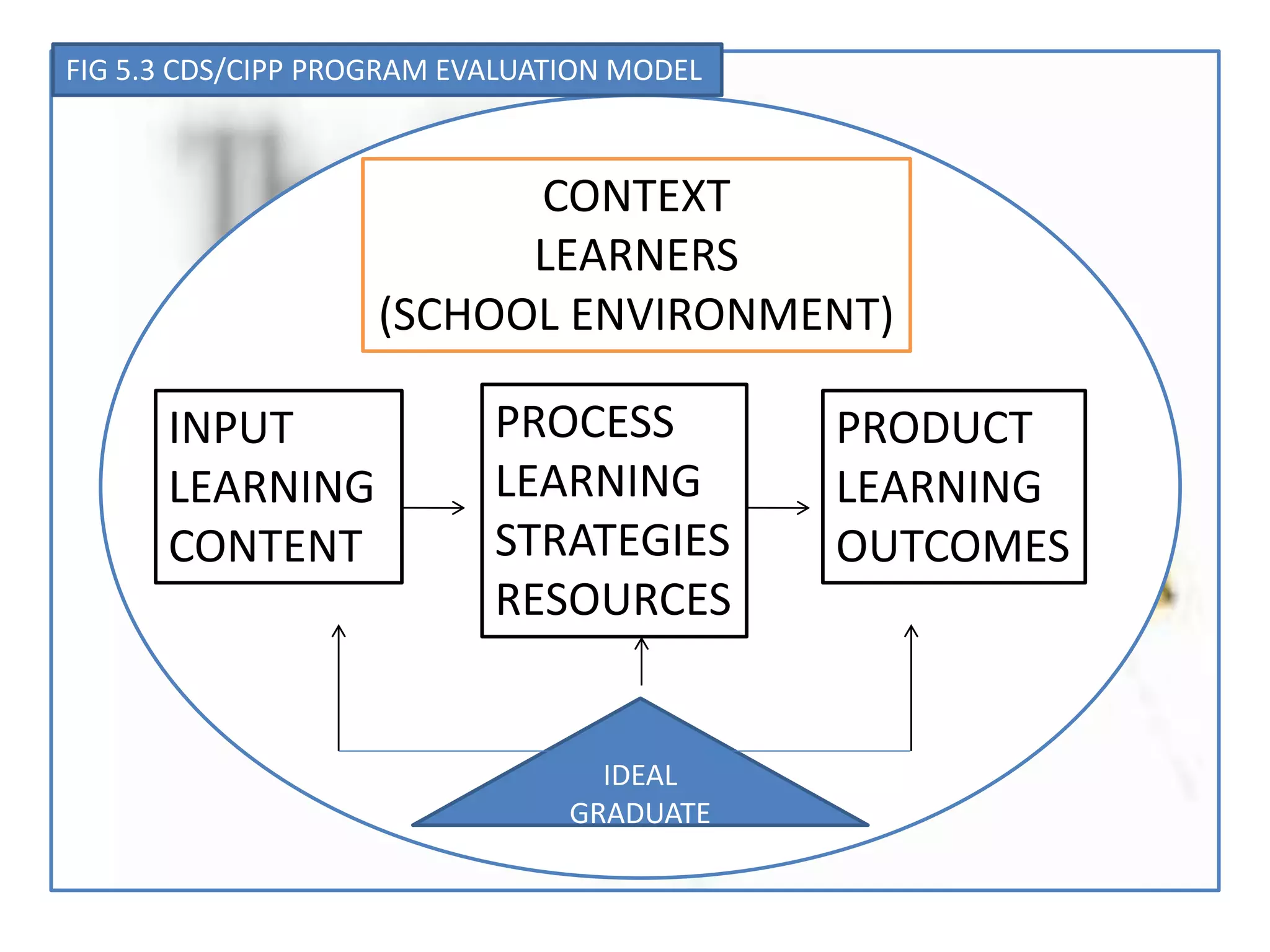 CONTEXT
LEARNERS
(SCHOOL ENVIRONMENT)
INPUT
LEARNING
CONTENT
PROCESS
LEARNING
STRATEGIES
RESOURCES
PRODUCT
LEARNING
OUTCOMES
IDEAL
GRADUATE
FIG 5.3 CDS/CIPP PROGRAM EVALUATION MODEL
 