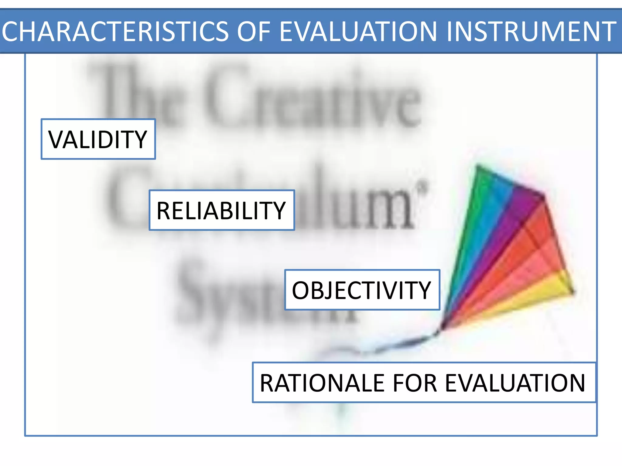 CHARACTERISTICS OF EVALUATION INSTRUMENT
VALIDITY
RELIABILITY
OBJECTIVITY
RATIONALE FOR EVALUATION
 