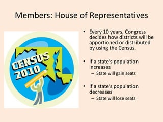 Members: House of Representatives
• Every 10 years, Congress
decides how districts will be
apportioned or distributed
by using the Census.
• If a state’s population
increases
– State will gain seats
• If a state’s population
decreases
– State will lose seats
 