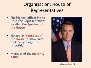 Organization: House of
Representatives
• The highest officer in the
House of Representatives
is called the Speaker of
the House
• Elected by members of
the House to make sure
that everything runs
smoothly
• Member of the majority
party
John Boehner (R)
 