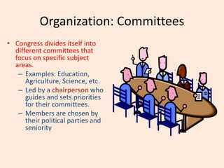 Organization: Committees
• Congress divides itself into
different committees that
focus on specific subject
areas.
– Examples: Education,
Agriculture, Science, etc.
– Led by a chairperson who
guides and sets priorities
for their committees.
– Members are chosen by
their political parties and
seniority
 