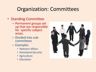 Organization: Committees
• Standing Committee
– Permanent groups set
up that are responsible
for specific subject
areas.
– Divided into sub-
committees
– Examples
• Veterans Affairs
• Homeland Security
• Agriculture
• Education
 