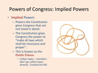 Powers of Congress: Implied Powers
• Implied Powers
– Powers the Constitution
gives Congress that are
not listed in detail.
– The Constitution gives
Congress the power to
“make all laws which
shall be necessary and
proper”.
– This is known as the
Elastic Clause.
• Collect taxes – members
don’t go collect taxes
directly. Created the IRS.
 