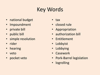 Key Words
• national budget
• Impoundment
• private bill
• public bill
• simple resolution
• rider
• hearing
• veto
• pocket veto
• tax
• closed rule
• Appropriation
• authorization bill
• Entitlement
• Lobbyist
• Lobbying
• Casework
• Pork-Barrel legislation
• logrolling
 