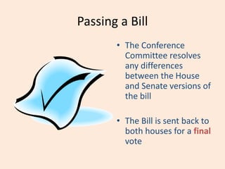 Passing a Bill
• The Conference
Committee resolves
any differences
between the House
and Senate versions of
the bill
• The Bill is sent back to
both houses for a final
vote
 